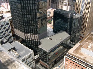 View of the IDS Center annex, skyway, and entrance. "IDS Center-Minneapolis-20050608" contributed to Creative Commons Wikipedia images by Michael Hicks, photographer