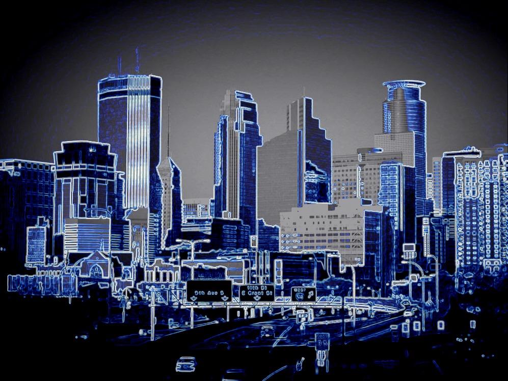 Minneapolis Skyline posterization to accent building structures, by Wild Blue River studios